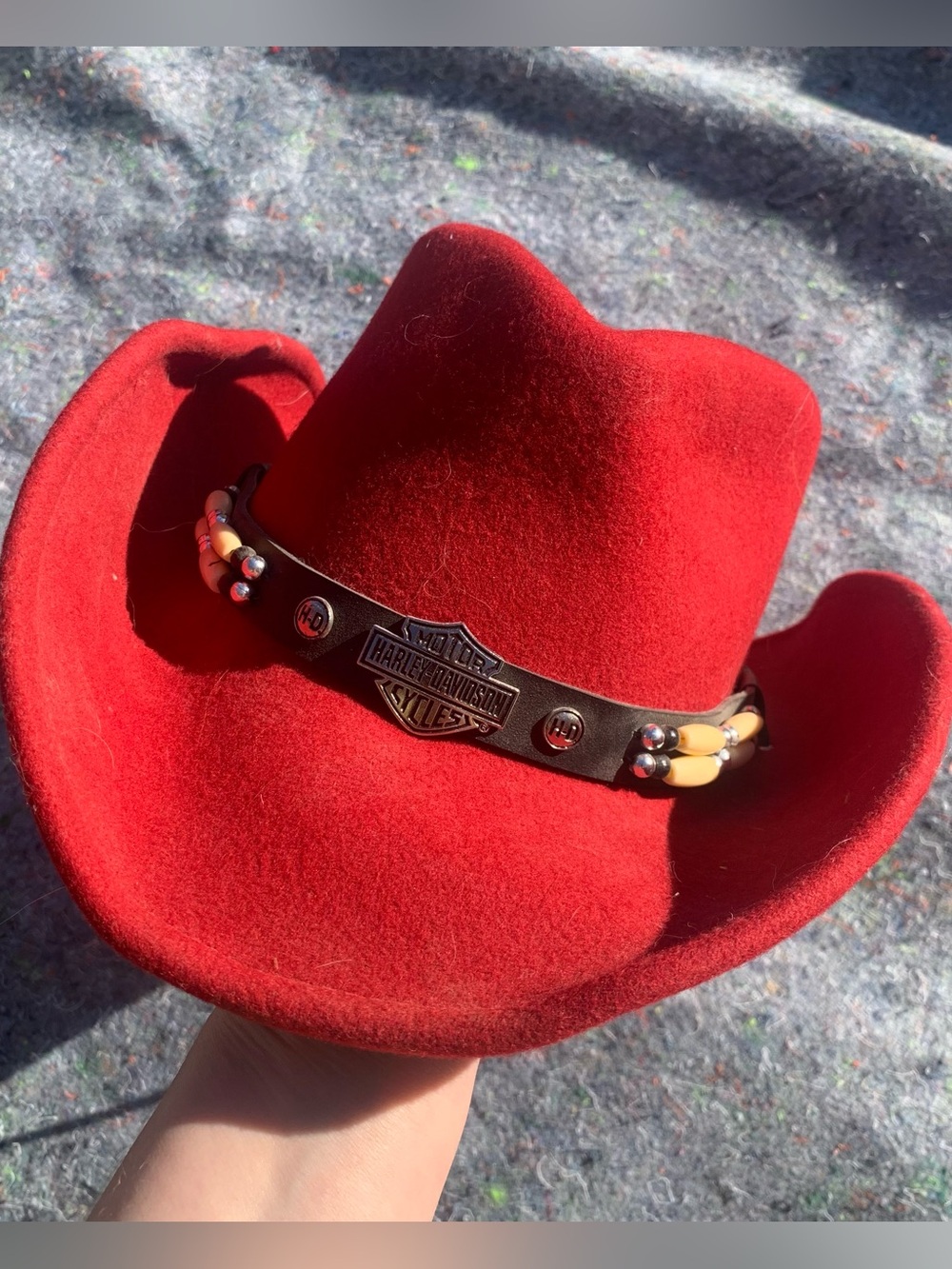 Harley Davidson Red Felted Wool & Leather Beaded Studded Cowgirl Hat Sz S